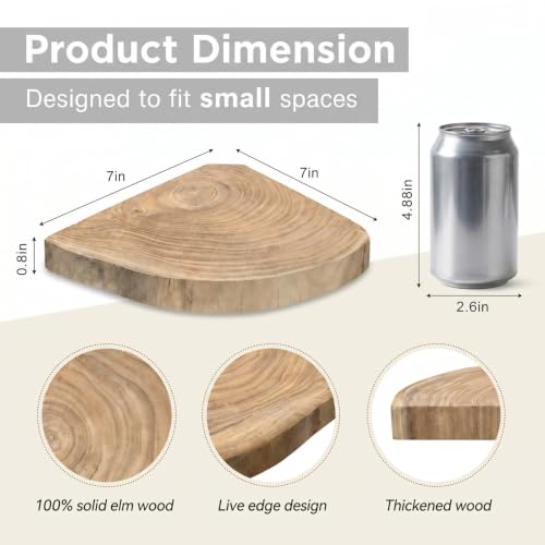 3 Pcs Small Corner Floating Shelves for Wall Solid Wood 7 Inch Rounded Corner Shelves Wall Mounted Natural Solid Elm Wood Shelf Rustic Style Wooden Hanging Shelf for Bedroom Decor(Wooden)