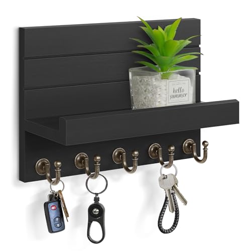 HONJIN Key Holder Wall Mount with Shelf and 5 Sturdy Key Hooks (Black) | Key and Mail Holder for Wall, Wooden Entryway Organizer and Decorative, Easy Installation, 10*3.8*6.85 Inch - color: Black