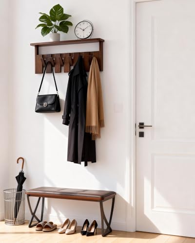 Wooden Coat Rack Wall Mount with Shelf, Heavy Duty Entryway Organizer with 6 Hooks,Coat Hooks Hanger for Coats, Hats, Bags & Towels, Walnut Wall Hanger for Hallway, Bedroom, Kitchen (6 Hooks) - size: 6 Hooks