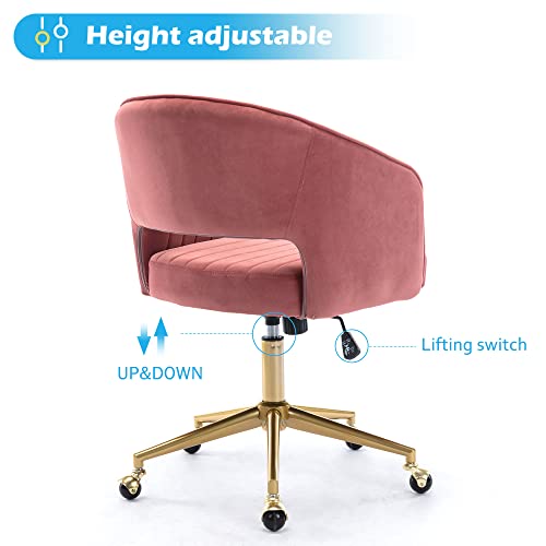 Vanity Chair Velvet Desk Chair with Gold Base for Living Room,Rose | Accent Armchair Upholstered Modern Tufted Chairs for Girls Women Ergonomic Study Seat Computer Task Stools for Bedroom - color: Rose