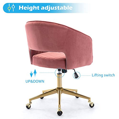 Vanity Chair Velvet Desk Chair with Gold Base for Living Room,Rose | Accent Armchair Upholstered Modern Tufted Chairs for Girls Women Ergonomic Study Seat Computer Task Stools for Bedroom - color: Rose