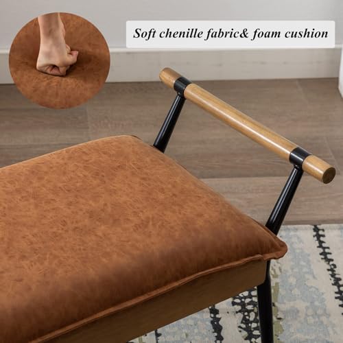 DUOMAY Modern PU Ottoman Bench with Arms & Metal Legs, Brown | Mid Century Rectangle Bench Footstool Dining Bench Entryway Shoe Bench For Bedroom Living Room - color: Brown