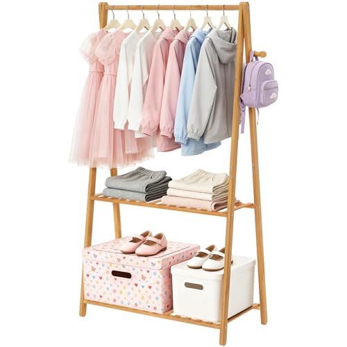 Kids Clothing Rack Small Baby Clothes Racks Bamboo Garment Rack 50"H | Wooden Short Mini Dress Up Costume Rack with Shelves for Hanging Clothes, Nursey Toddler Shower Children Clothes Hanger Rack - size: 2-Tier,50" Tall