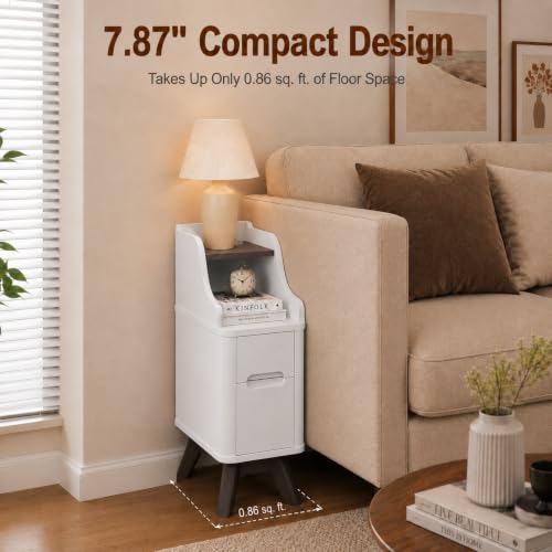 7.87"Narrow Side Table, Wood Small 2 Drawer Nightstand with Charger Station | Thin Couch Side End Table, Skinny Bedside Table Small Spaces, Mid Century Modern Night Stand with Drawers,White - color: White, size: Narrow (2 drawer)