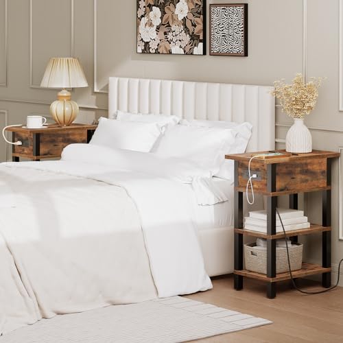 HOOBRO End Table with Charging Station, Flip Top Side Table with USB Ports, Narrow Nightstand Bedside Tables with Storage Shelves, for Small Space, Living Room, Rustic Brown and Black BF141UBZ01 - color: Rustic Brown + Black