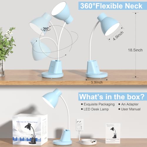 10W Wireless Charging LED Desk Lamp with Pen Holder, CRI 95, Blue | 800LM, 3 Modes, 360°Flexible Arm, Touch, Brightness, Table Lamp for Home Office, Dorm, Bedside, Study, Reading, with Adapter - color: Blue