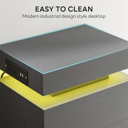 LIKIMIO Nightstand with Charging Station LED Light and 2 Drawers Grey | charging station; LED light; 2 smooth glide drawers; 13.8 D x 18.9 W x 23.6 H in; Grey wood grain - color: Grey