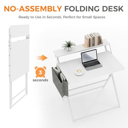 Small Desk No Assembly,31.5Inch 2-Tier Compact Computer Desk with Shelf & Side Pocket,Space Saving Foldable Table for Home Office, Bedroom or Apartment,Portable Collapsible Sturdy Laptop Desk,White - color: White