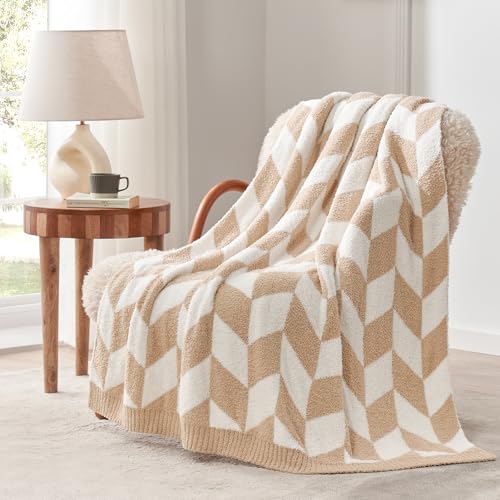 Snuggle Sac Chevron Throw Blanket for Couch, Reversible Super Soft Warm Blankets Cozy Knit Fuzzy Plush Lightweight Throws for Sofa, Bed, Camping, Beige,50x60 inches - color: Chevron Beige, size: Throw (50"x60")