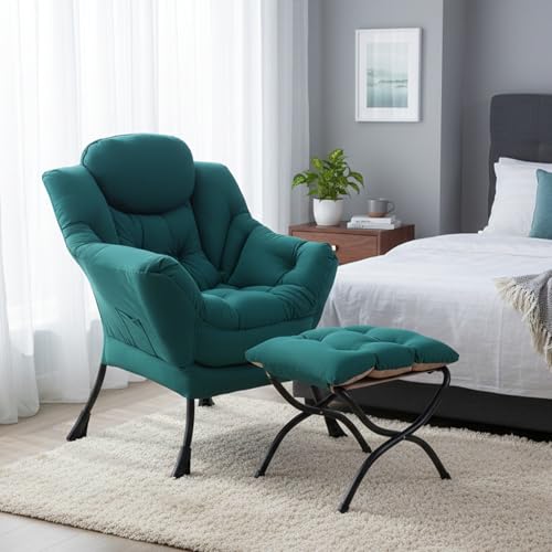 Modern Lazy Chair with Ottoman Lounge Accent Reading Chair for Living Room | Foldable Footstool,Removable Cover,Soft Padded Seat & Backrest,Upholstered Comfy Chair for Bedroom,Dorm,Office,Small Space - color: Dark Green