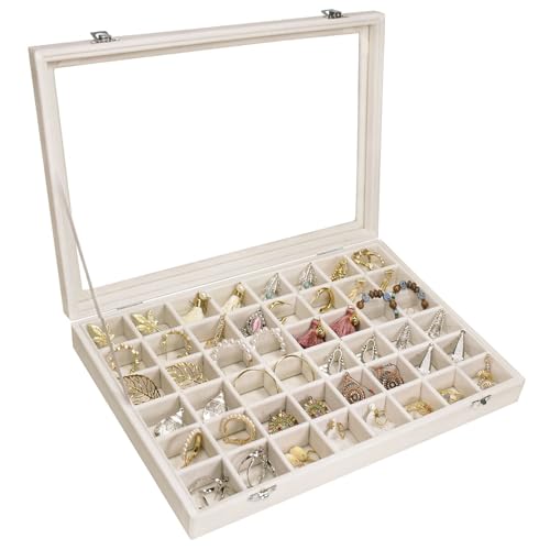 Siveit Velvet Jewelry Tray 48 Grid Jewelry Display Tray Organizer Box with Transparent Lid Rings Earrings Necklaces Pendants Display Box Suitable for Women and Girls (Beige) - color: Beige