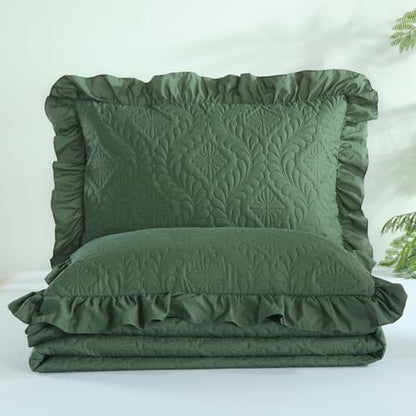 DJY Queen Quilt Set, 3 Pieces Ruffled Bedspreads Quilt, Olive Green | Lightweight Soft Bedding Coverlet for All Seasons, 96''x90'' (Includes 1 Quilt, 2 Pillow Shams) - color: Olive Green, size: Queen