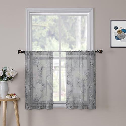 Tollpiz Floral Grey Sheer Tier Curtain Flower Print Vine Embroidery Kitchen Half Curtains Rod Pocket Café Voile Window Curtain for Bathroom, 30 x 36 inches Long, Set of 2 Panels - color: Grey, size: 30"W x 36"L (Pack of 2)