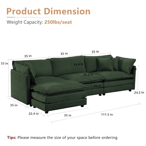 Modular Sectional Sofa, 111.5 Inch L Shaped Couch Set for Living Room, 3-Seater Comfy Cloud Couches with Movable Ottoman, DIY Combination, Chenille, Evergreen - color: Evergreen, size: 111.5 Inch- L