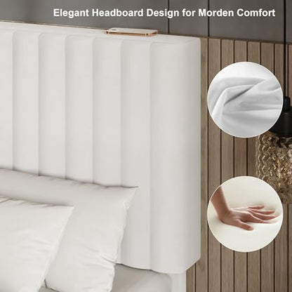 Einhomn Full Size Bed Frame with Headboard, Upholstered Velvet Platform Bedframe with Solid Wooden Slats, Noise-Free, No Box Spring Needed, Easy Assembly, White - color: White, size: Full