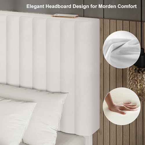 Einhomn Queen Size Bed Frame with Headboard, Upholstered Velvet Platform Bedframe with Solid Wooden Slats, Noise-Free, No Box Spring Needed, Easy Assembly, White - color: White, size: Queen