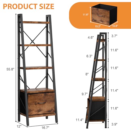 Shintenchi 5 Tier Ladder Bookshelf with Drawer, Tall Modern Corner Bookshelves, Narrow Book Shelf with Storage for CDs/Books/Movies, Bookcase for Room/Home/Office, Rustic Brown - size: 16.7'' W x 12'' D x 55.8'' H-1 Drawer