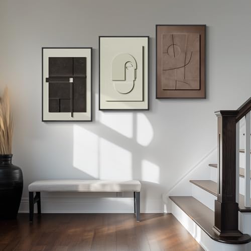 3D Textured Framed Abstract Wall Art, 3 Piece Modern Paintings Artwork for Walls, Black White Brown Geometric Sandstone Texture Pictures for Living Room Dining Room Bedroom Office Wall Decor 16x24 In | Texture Paintings, Minimalist Neutral Black White Bro