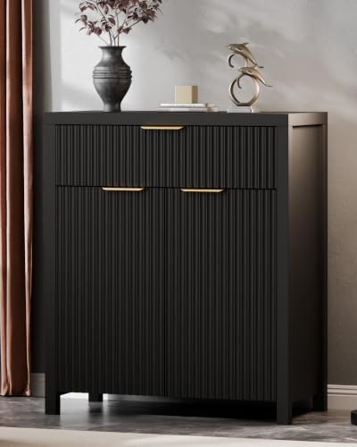 Fluted Buffet Cabinet for Kitchen, 28.3" Sideboard Cabinet Black | Adjustable Shelves, Quiet Full-Extension Slides, Curved Metal Handle, Coffee Bar with Drawers for Dining Room, Entryway - color: Black, size: 13.8"D x 28.3"W x 32.7"H