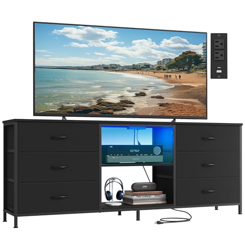 SONGMICS BELLAH Collection - TV Stand for TVs Up to 70 Inches, Dresser for Bedroom, Living Room, Chest of Drawers, Steel, 6 Drawers and 2 Shelves, Modern, Ink Black ULGS232B101S - color: Ink Black, size: 13.8"D x 68.4"W x 26.8"H (6 Drawers)