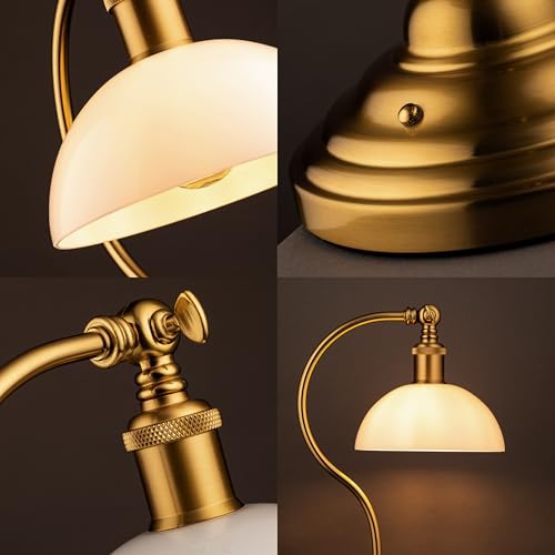 O'Bright Bankers - Cordless LED Table Lamp, Battery-Operated, Rechargeable, 3-Level Dimming, Universal USB-C Charging, 180° Swivel Head, White Jade Glass Shade, Antique Brass - color: Antique Brass-White Glass