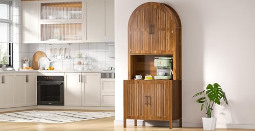 76" Tall Arched Kitchen Pantry, Large Kitchen Storage Cabinet with Fluted Doors and Microwave Stand, Modern Wood Buffet Sideboard, Adjustable Shelves, Cupboard for Dining Room, Living Room, Walnut - color: Walnut