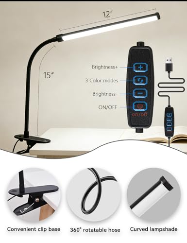 2 Pack Clip On LED Desk Lamp, 3 Lighting Modes 10 Brightness Levels, Flexible Goose Neck Swing Arm Task Lamp, Eye Caring USB Powered Clamp Light for Home Office Study Reading Bedside - color: 12inch/black