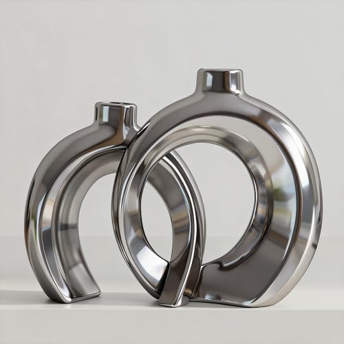 Set of 2 Silver Ceramic Vases for Home Decor Accents - Unique Hollow Donut Artistic Design Modern Contemporary Glam Style Decorative Vases for Shelf, Mantel, Entryway Table Decor (Matte Silver) - color: Matte Silver