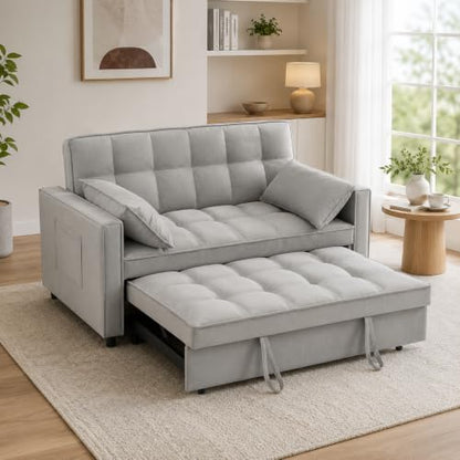 55" Pull Out Sleeper Sofa, Velvet Loveseat with Side Pockets, Grey | Velvet upholstery, 5-level adjustable back, Pull-out bed design, Sturdy frame with side pockets - color: Grey