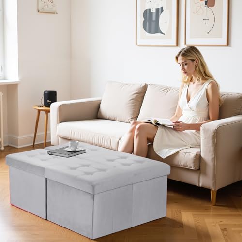 AmasSmile Footrest Ottoman Storage Bench,34" Velvet Folding Chest,Grey | Large Ottoman with Storage,Thicker Foam Padded Seat,Livingroom,Dorm,Bedroom,Entryway,Easy to install,34 x 13 x 13in - color: Grey-velvet