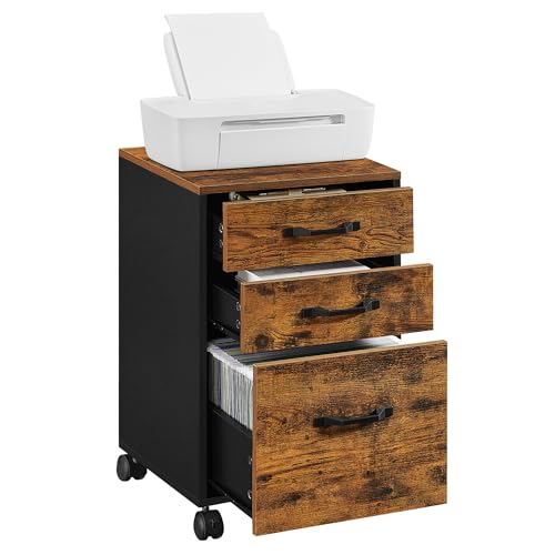 VASAGLE Mobile File Cabinet, 3 Drawers Filing Cabinet with Wheels, for Home Office, for A4, Letter Sized Documents, Adjustable Hanging Rail for File Folders, Rustic Brown and Ink Black UOFC065B01 - color: Rustic Brown + Black, size: 3 Drawers