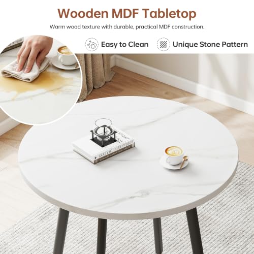 Modern White Round 4-Piece Dining Set, 31.49" Marble Stone Texture Wood Tabletop, PU Leather Foam Padded Chairs, Carbon Steel Leg Small Apartment Breakroom Dinette