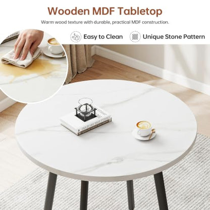 Modern White Round 4-Piece Dining Set, 31.49" Marble Stone Texture Wood Tabletop, PU Leather Foam Padded Chairs, Carbon Steel Leg Small Apartment Breakroom Dinette