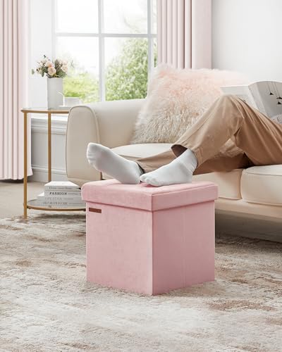 SONGMICS Small Storage Ottoman, Folding Ottoman Cube, 15 x 15 x 15 Inches, Footstool, Footrest, 11 Gal. (43 L), Velvet Surface, for Bedroom, Living Room, Dorm, Jelly Pink ULSF227R01 - color: Jelly Pink