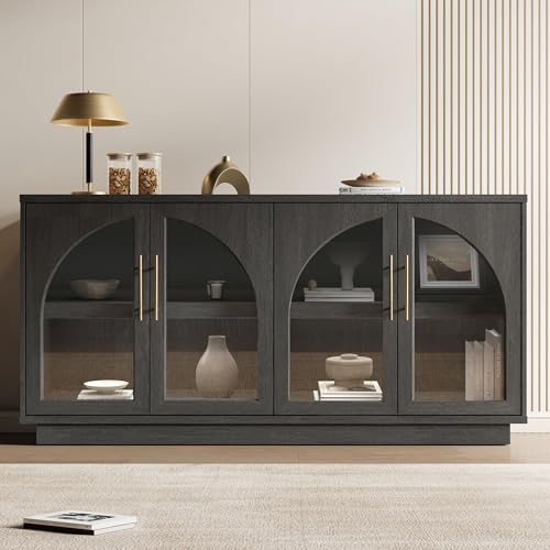 Fatmok 30.7" Tall Modern TV Stand with Arched Glass Doors,Grey Black Oak | Set of 2,Detachable Gold Handles,Adjustable Shelves,FSC Wood,Media Console Cabinet,Entertainment Center for Living Room - color: Bb-black Grey