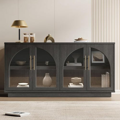 Fatmok 30.7" Tall Modern TV Stand with Arched Glass Doors,Grey Black Oak | Set of 2,Detachable Gold Handles,Adjustable Shelves,FSC Wood,Media Console Cabinet,Entertainment Center for Living Room - color: Bb-black Grey