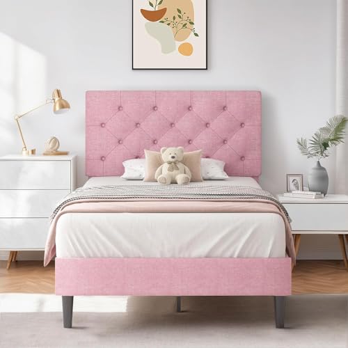 HOMBCK Twin Size Bed Frame with Headboard, Pink Upholstered Linen Fabric Bed Frame with Wooden Slats, Twin Bed Frames for Girls, Button Tufted Design, No Box Spring Needed, Pink - color: Pink, size: Twin