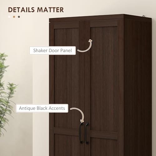 HOMCOM 63" 2-Door Kitchen Pantry 5-Tier Cinnamon Cherry Wood Grain | Freestanding Storage Cabinet, Shelving, 2 Adjustable Shelves, for Dining Room - color: Cinnamon Cherry Wood Grain