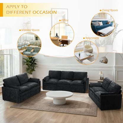 3 Pieces Chenille Sofa Set w/Two Arm Pillows, Black | Upholstered 2 Pieces Loveseat & 3-Seater Sofa w/Soft Cushions, Modern 2-Seat & 3-Seat w/High-Density Foam for Living Room - color: Black, size: 69" & 69" & 89" Sofa Set