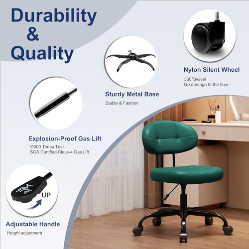 Misolant Vanity Chair with back, Small Armless Cute office Chair with wheels and Lumbar support, Comfy PU Leather Desk Computer Chairs with Adjustable Height, 360°Swivel for Home Bedroom Office, Green - color: Green