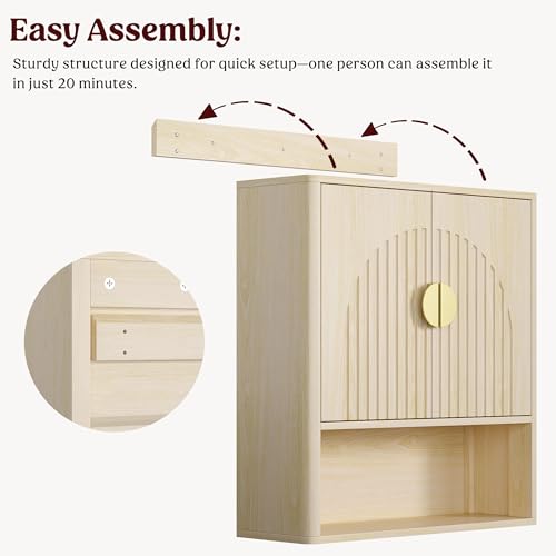 Bathroom Wall Cabinet, Fluted Medicine Cabinet, Natural | Adjustable Wood Shelf, Over The Toilet Storage Cabinet for Laundry Room, Living Room, Rounded Metal Handle, 2 Doors