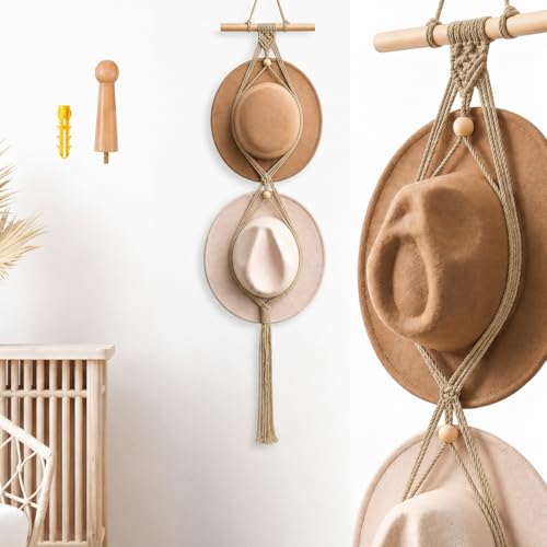 Macrame Hat Hangers Racks Boho Cowboy Hats Holders Western Display Organizer Storage decor Back of Door for Wall(Beige,Two Hats Style) - color: Beige, style: Two Hats Style