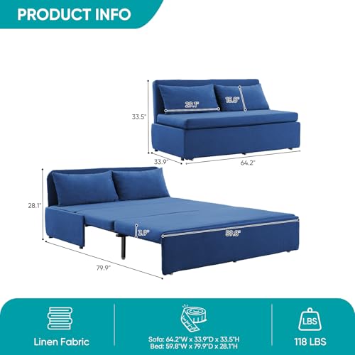 BALUS 43" W Queen Size Sleeper Couch Bed Pull Out Sofa with Pullout Beds, 2 in 1 Convertible Linen Single Sleepers Sofas Chair with Foldable Mattress and Pillows for Small Space Apartment, Blue - color: Blue, size: Queen