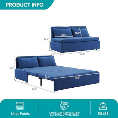 BALUS 43" W Queen Size Sleeper Couch Bed Pull Out Sofa with Pullout Beds, 2 in 1 Convertible Linen Single Sleepers Sofas Chair with Foldable Mattress and Pillows for Small Space Apartment, Blue - color: Blue, size: Queen