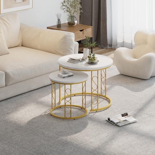 Coffee Table Faux Marble Nesting Table for Small Place 2 Sets Modern Furniture Living Room Sets End Side Table Night Stand for Bed Room Dining Room (White & Gold) - color: White and Gold