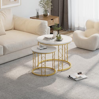 Coffee Table Faux Marble Nesting Table for Small Place 2 Sets Modern Furniture Living Room Sets End Side Table Night Stand for Bed Room Dining Room (White & Gold) - color: White and Gold
