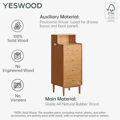 100% Solid Wood Nightstand, 6 Drawer Natural Side Table with Open Shelve, Tall Nightstand for Small Spaces, Living Room, Bedroom, Hallway(Natural, 19" W x 15" D x 47" H) - color: Natural, size: 47" H