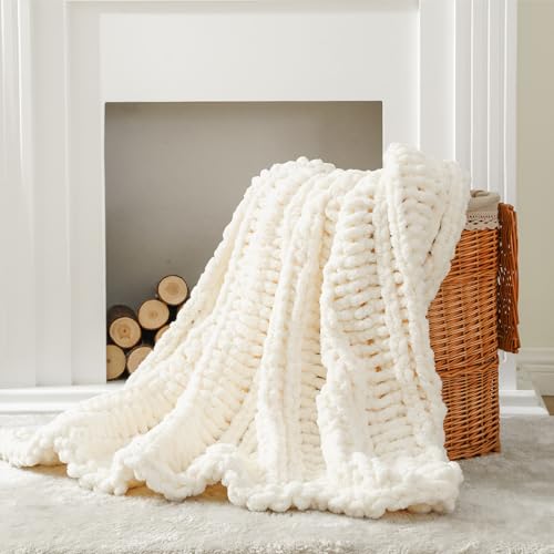 Battilo Chunky Knit Throw Blanket for Couch, 50"x60", White Cream | Hand Knit with Chunky Yarn, Super Soft Chenille Throw Blanket, Cozy Blanket, Farmhouse Throw Blanket for Living Room - color: Cream White