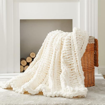 Battilo Chunky Knit Throw Blanket for Couch, 50"x60", White Cream | Hand Knit with Chunky Yarn, Super Soft Chenille Throw Blanket, Cozy Blanket, Farmhouse Throw Blanket for Living Room - color: Cream White