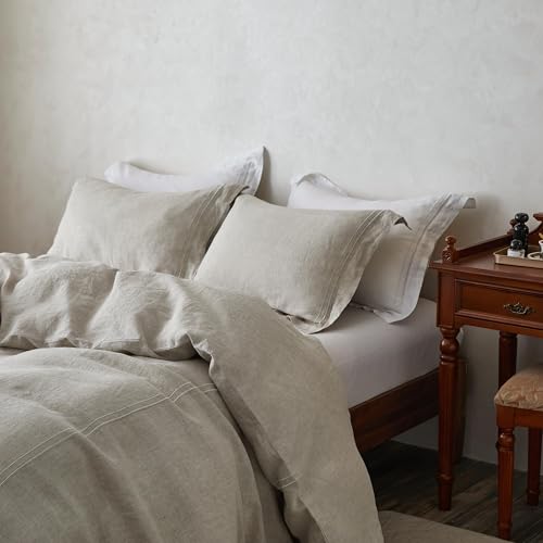Simple&Opulence 100% Washed Linen Duvet Cover Set 68"x86" - 2 Pieces Soft Farmhouse Comforter Set Double Embroidered with Button Closure - 1 Duvet Cover and 1 Pillowsham (Linen, Twin) - color: 2 Embroidery Linen, size: Twin